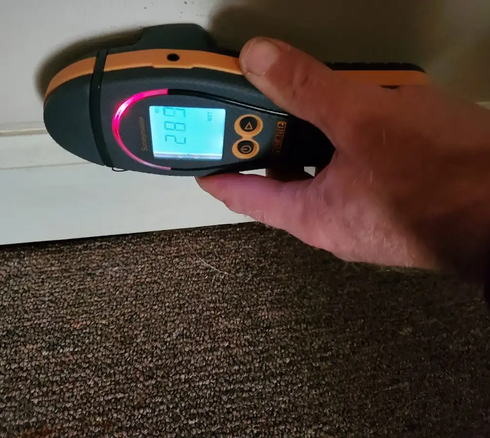 Moisture detection at baseboard during Storm Damage Restoration in Creedmoor